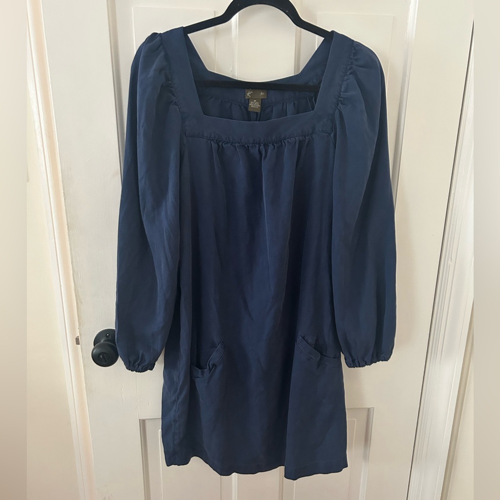 ANTHROPOLOGIE FEI NAVY BLUE SILK WOOL BALOON SLEEVE SHIFT DRESS SIZE MEDIUM
